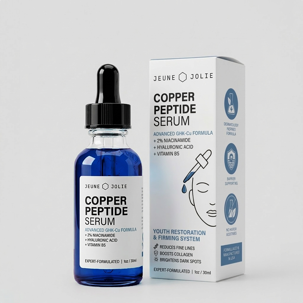 Jeune Jolie 2% Copper Peptide Serum, dropper bottle and box
